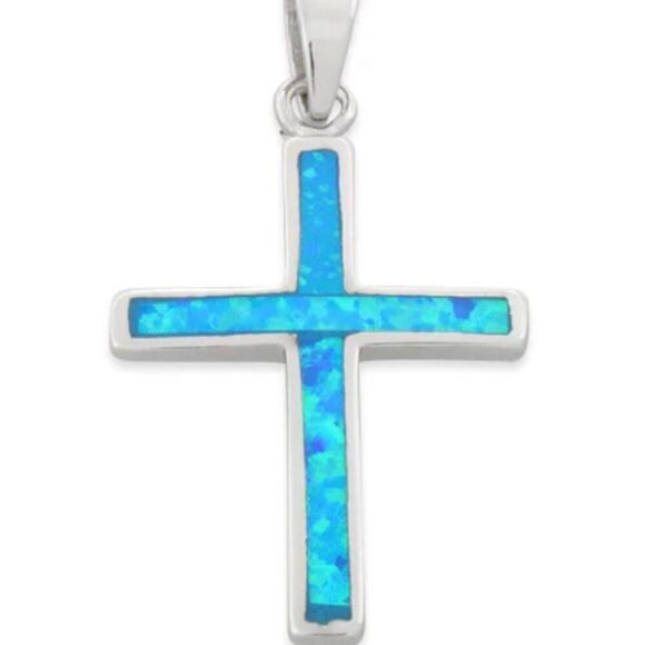 New Sterling Silver Blue Opal Small Cross Pendant Necklace - Picture 2 of 5